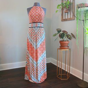 Printed Floor Length Sun Dress Beautiful Shades Blue and Orange by London Times
